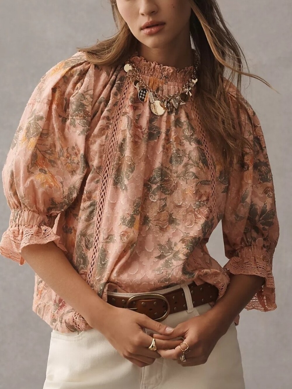 Pilcro Puff-Sleeve High-Neck Blouse Romantic Size XL